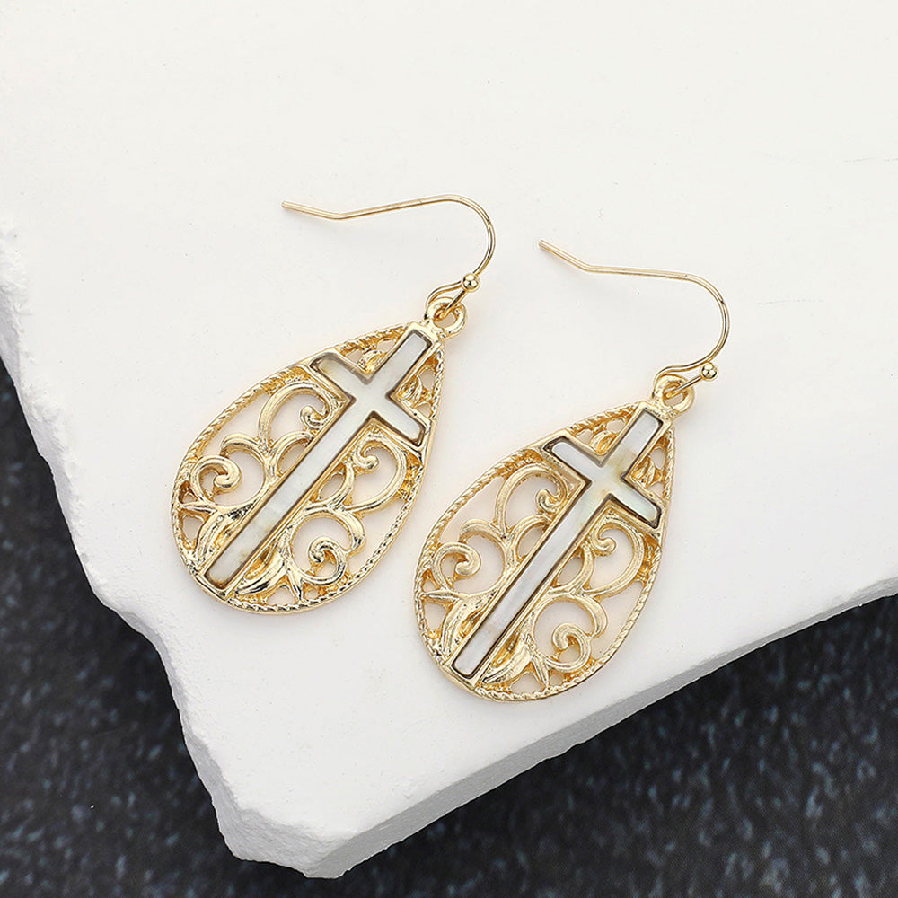 Mother Of Pearl Gold Cross Centered Filigree Teardrop Dangle Earrings