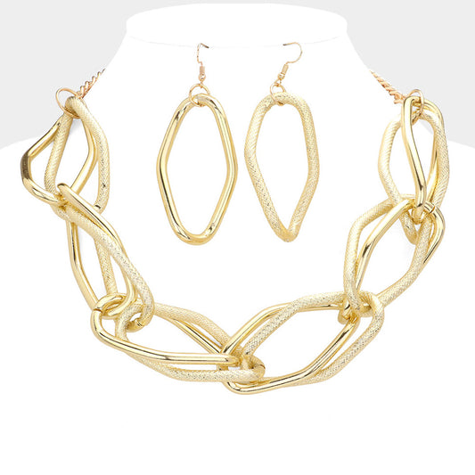 Wavy Open Metal Link Necklace and Earrings