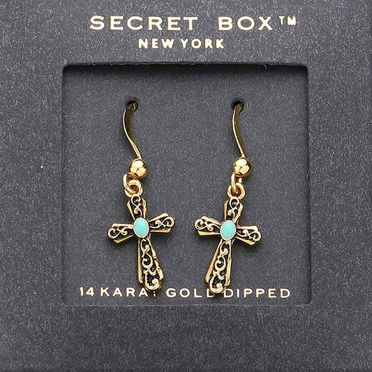 Secret Box  14K Gold Dipped Enamel Pointed Cross Dangle Earrings