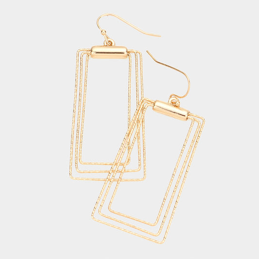 Textured Metal Triple Wire Open Rectangle Dangle Earrings