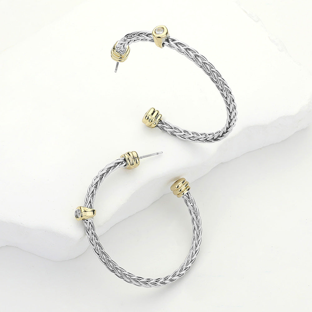 14K Gold Plated CZ Stone Bezel Pointed Two Tone Braided Hoop Earrings