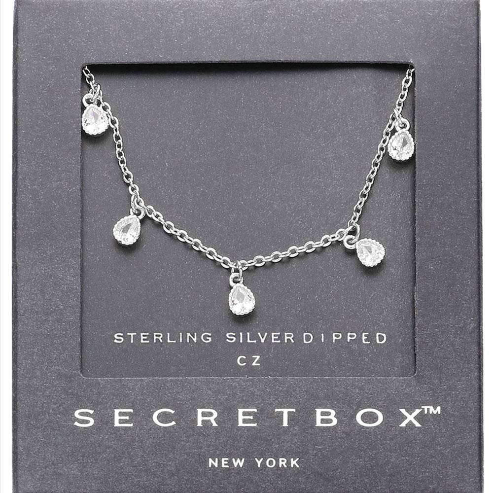 SECRET BOX   Sterling Silver Dipped Teardrop CZ Stone Station Necklace