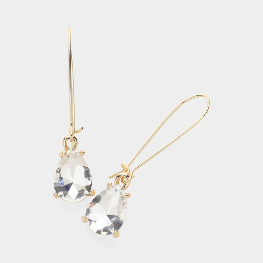 Clear Gold Teardrop Stone Cushion Dangle Earrings