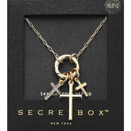 SECRET BOX   14K Gold Dipped Stone Paved Metal Triple Cross Pendant Necklace