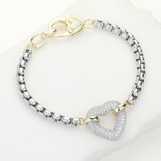 14K Gold Plated Two Tone CZ Stone Paved Open Heart Accented Bracelet