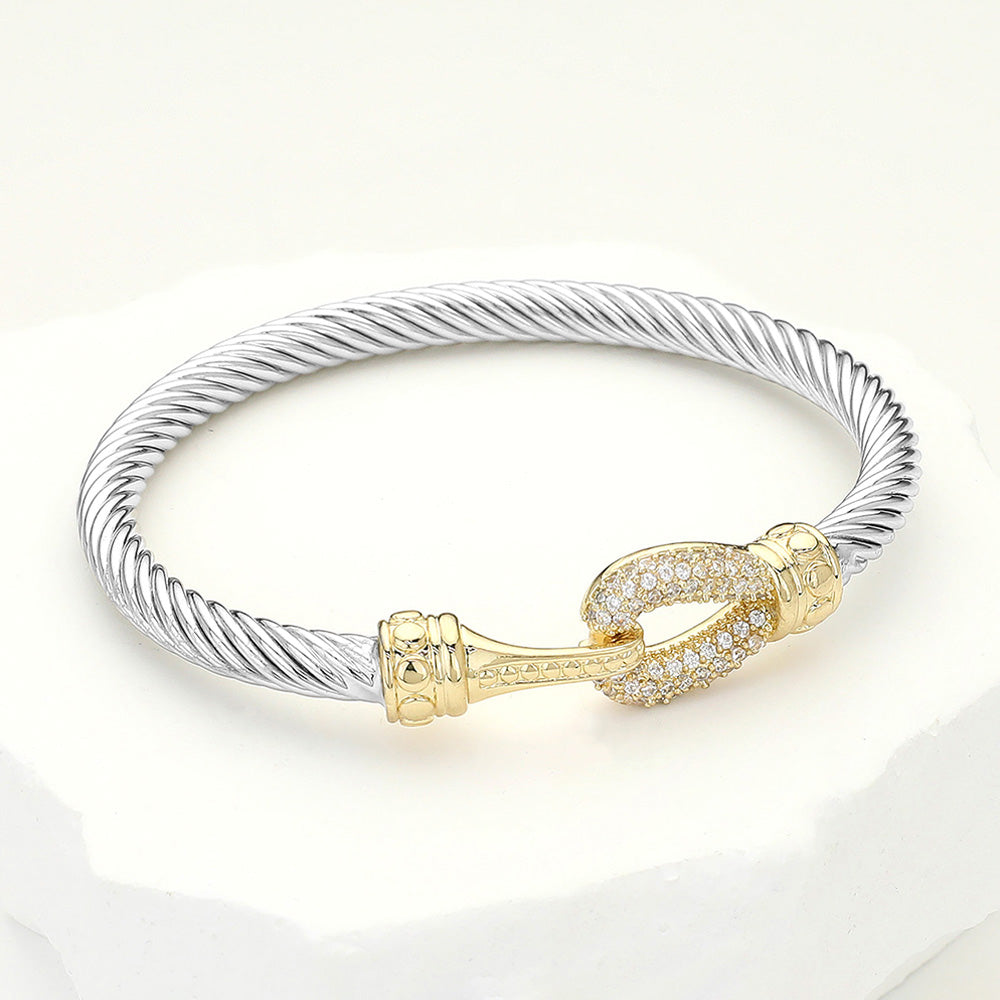 14K Plated CZ Stone Paved Hook Pointed Twisted Metal Bangle Bracelet