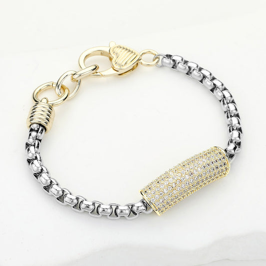 14K Gold Plated CZ Stone Paved Bar Accented Bracelet