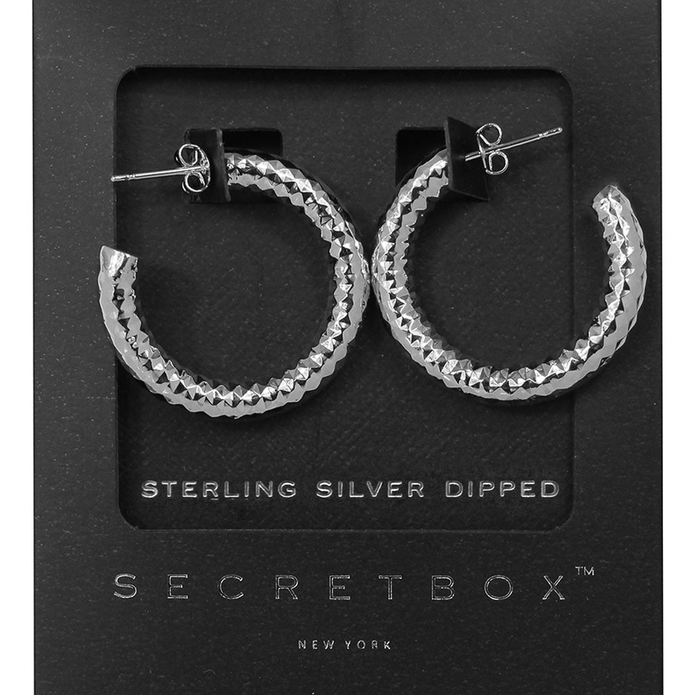 SECRET BOX   Sterling Silver Dipped Textured Metal Hoop Earrings