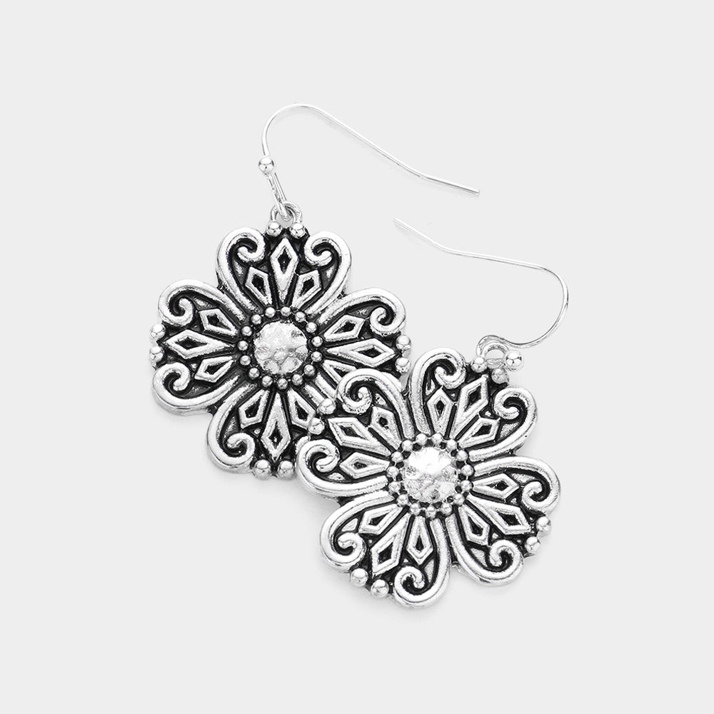 Embossed Antique Silver Metal Quatrefoil Dangle Earrings