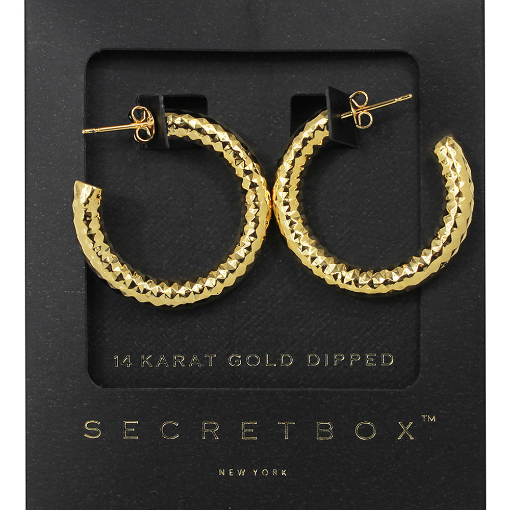 SECRET BOX   14K Gold Dipped Textured Metal Hoop Earrings