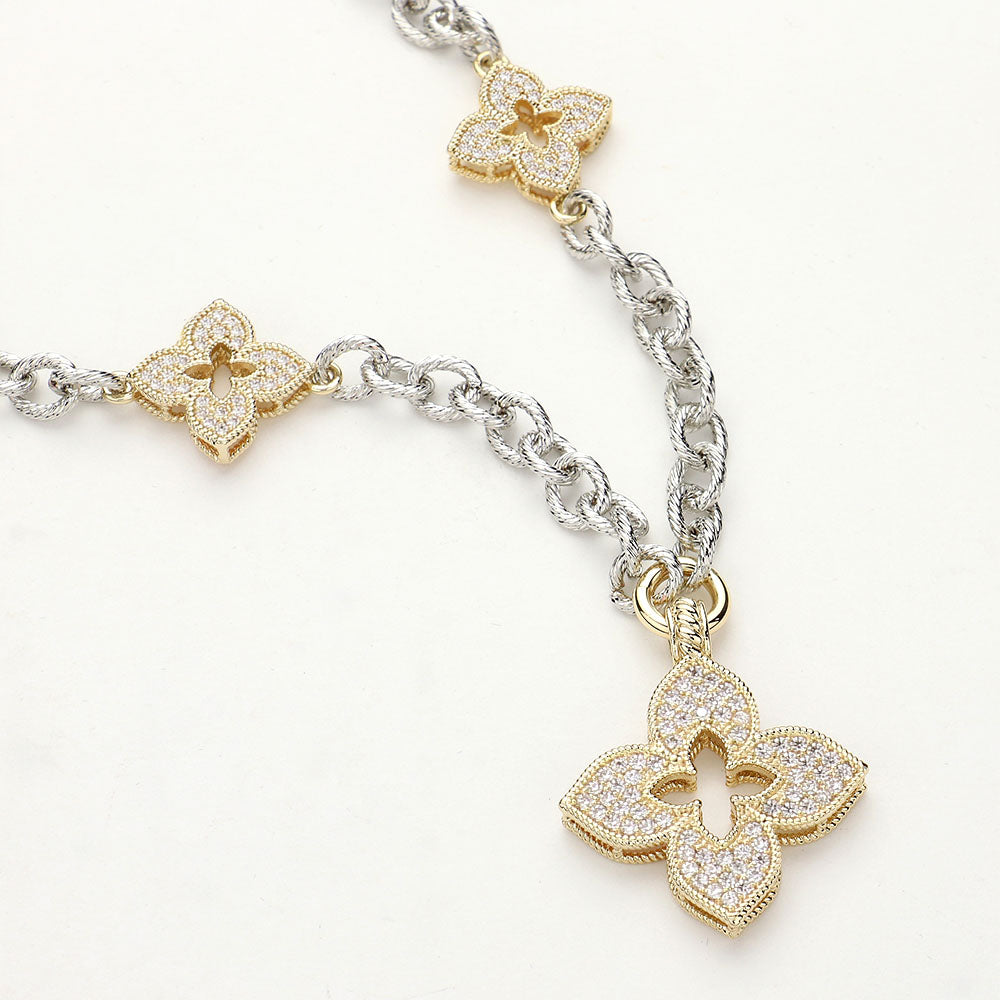 14K Gold Plated CZ Stone Paved Clover Pendant Station Necklace