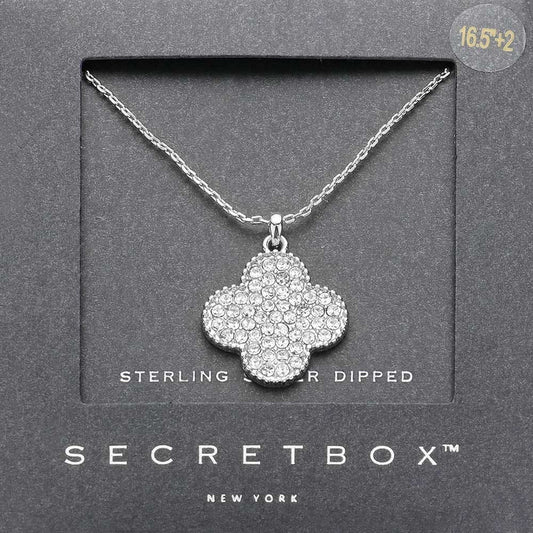 SECRET BOX   Sterling Silver Dipped Stone Paved Quatrefoil Pendant Necklace