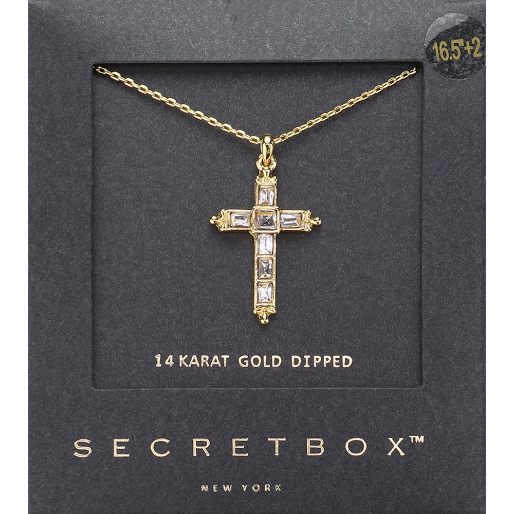 SECRET BOX   14K Gold Dipped Stone Embellished Cross Pendant Necklace