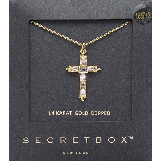 SECRET BOX   14K Gold Dipped Stone Embellished Cross Pendant Necklace