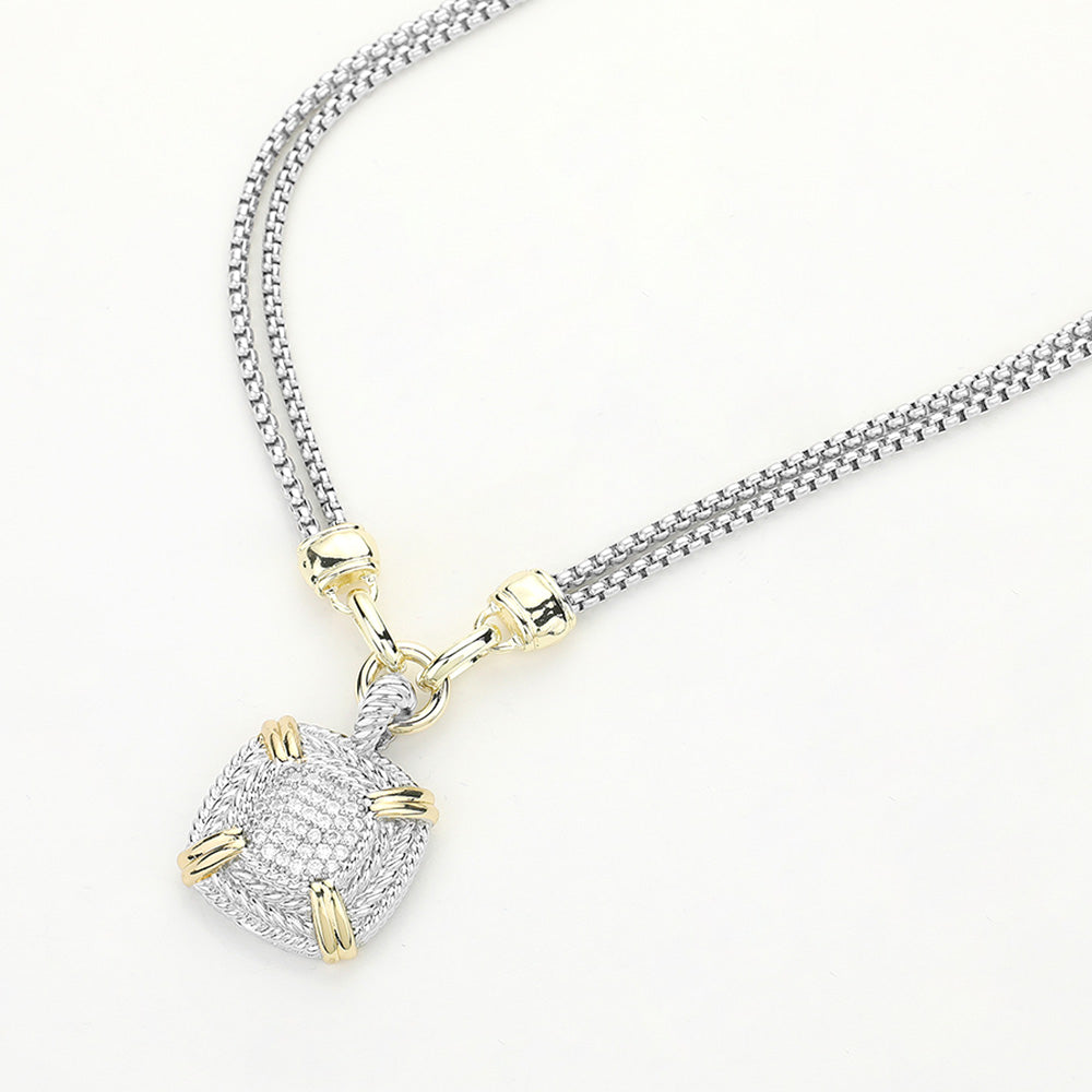 14K Gold Plated Two Tone CZ Stone Paved Square Pendant Double Chain Necklace