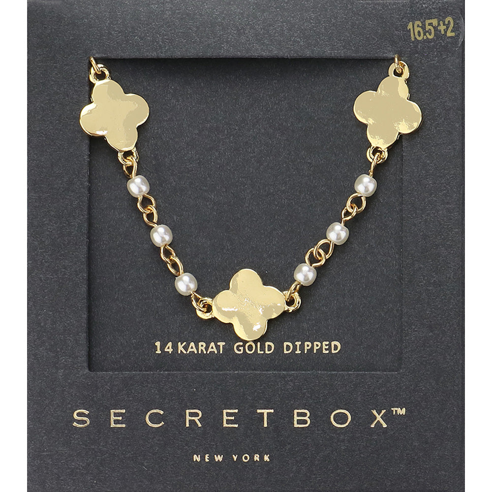 SECRET BOX   14K Gold Dipped Quatrefoil Pearl Link Necklace