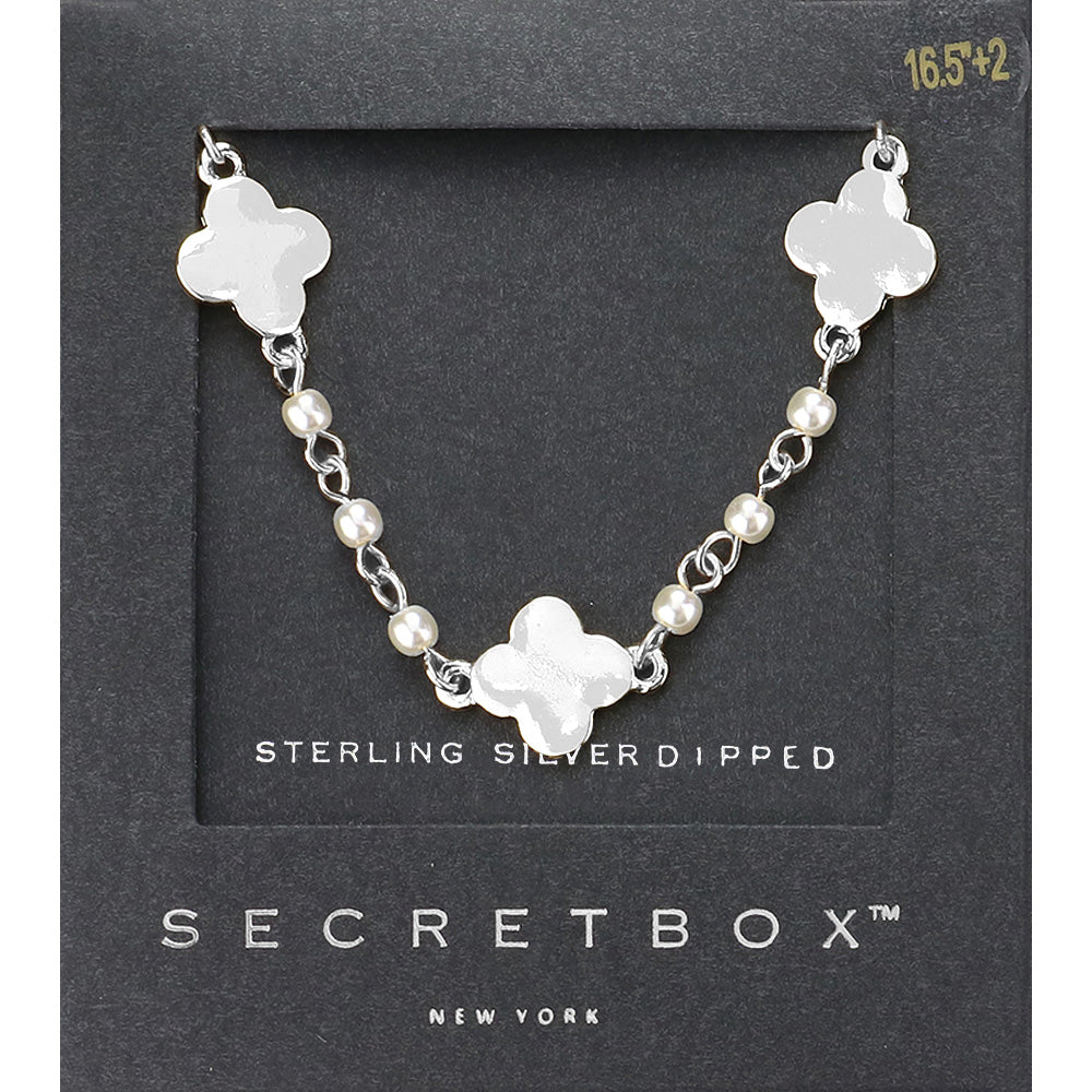 SECRET BOX   Sterling Silver Dipped Quatrefoil Pearl Link Necklace