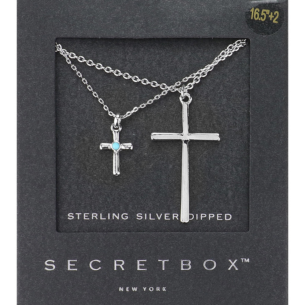 SECRET BOX   Sterling Silver Dipped Double Cross Pendant Layered Necklace