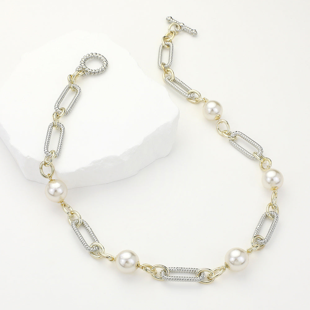 14K Gold Plated Two Tone Chain Pearl Link Toggle Necklace