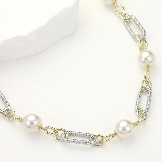 14K Gold Plated Two Tone Chain Pearl Link Toggle Necklace