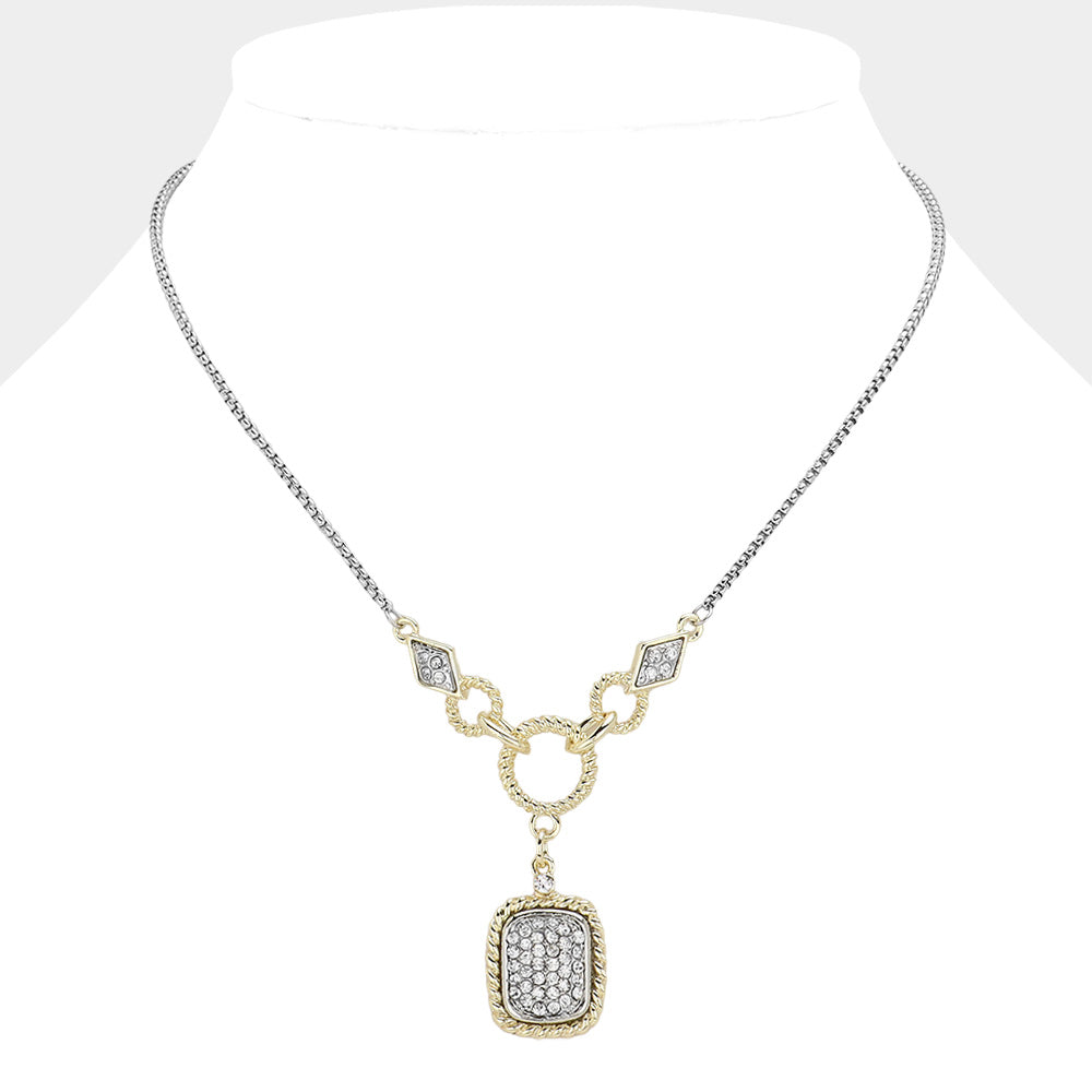 14K Gold Plated Stone Paved Square Pendant Necklace