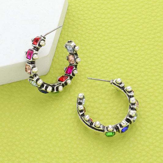 Multi Western Stone Accented Hoop Earrings