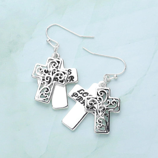 LORDS PRAYER Message Antique Silver Double Cross Dangle Earrings